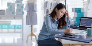 Young attractive asian female business owner worrying about financial problem