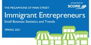 Megaphone of Main Street: Immigrant Entrepreneurs Megaphone of Main Street graphic with blue background and green illustrated office buildings