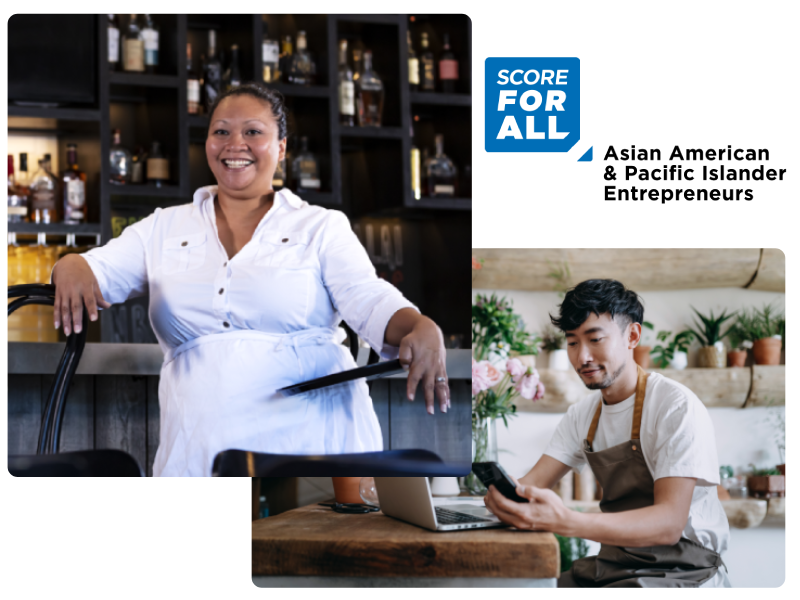 Asian American and Asian Pacific Islander business owners - female business owner in her bar and male business owner on laptop in his flower shop