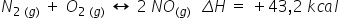N subscript 2 space left parenthesis g right parenthesis end subscript space plus space O subscript 2 space left parenthesis g right parenthesis end subscript space left right arrow space 2 thin space N O subscript left parenthesis g right parenthesis space end subscript space space capital delta H space equals space plus 43 comma 2 space k c a l