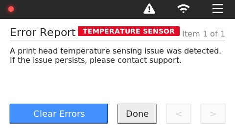 Screenshot of the Temperature Sensor Error on a Markforged Desktop and Industrial Printer