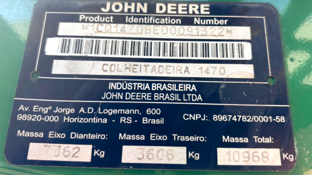 LOTE 04 - COLHEITADEIRA 1470 E PLATAFORMA 620F JOHN DEERE ANO 2013