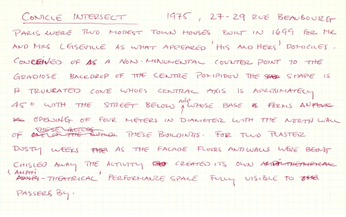 Handwritten description of the intervention 'Conical Intersect' by Gordon Matta-Clark himself.
