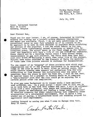 Letter from Gordon Matta-Clark to Florent Bex, 28.7.76