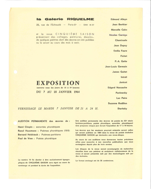 Invitation Exposition La Galerie Riquelme et la Revue Cinquième Saison