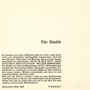 Text 'Für Statik' [On Statics] by Jean Tinguely, 1959 (from: 'Vision in Motion/ Motion in Vision', 1959)&#169;image: M HKA