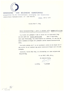 Letter of the Belgian Association of Art Critics with reward of Best Exhibition