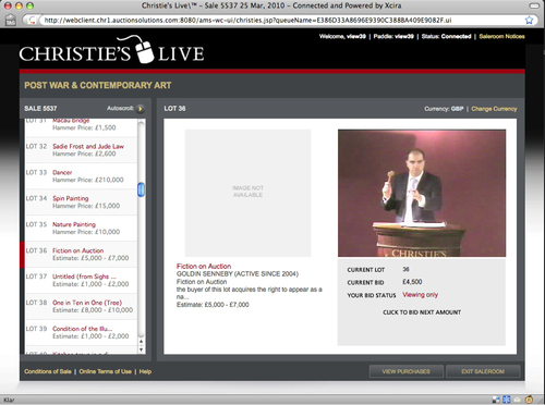 Goldin+Senneby, “Lot 36: Fiction on Auction”, sale of the right to appear as a named character in the forthcoming novel 'Headless'. Produced for: Offer & Exchange, Electra, London, 2010