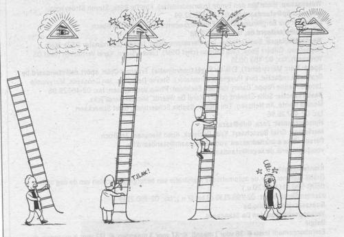 Hugo Duchateau depicts the motive of the ladder the human endeavor to get higher and higher. His son Kim Duchateau (°1968) winks at this motif in a cartoon. (De Standaard, 25/08/2008)&#169;Kim Duchateau