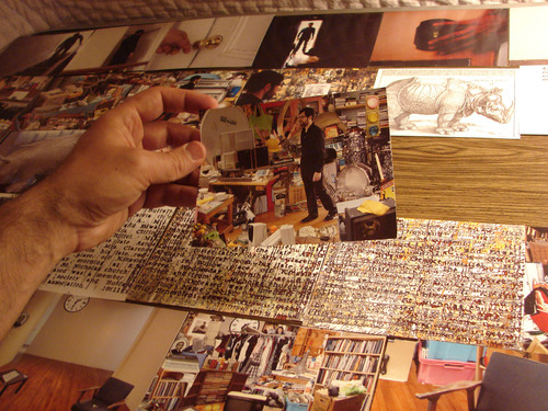 International Studio and Curatorial Program (ISCP), New York City, 2011.
Narrative installation: 36 loose photo prints on a table with accompanying sound track (6’ 20’’) in a small room for one or two spectators at the same time. Variable dimensions.
llusion’s last chapter begins with the protagonist entering the apartment of his father, who had been found dead in it. He had not spoken to him for years, and he comes to his house only to discover that the old man suffered Diogenes syndrome (extreme hoarding). The apartment is a jumble of found objects, accumulated in an inextricable chaos that fills the rooms from floor to ceiling. While wandering around, he finds a number of objects, texts and images that trigger some stories within the story, such as Dürer’s Rhinoceros (about second-hand knowledge), Novgorod Codex (example of hyper-palimpsest) and Seven Masks (about a process of unveiling layers of a subject till reaching his empty core).
© M HKA