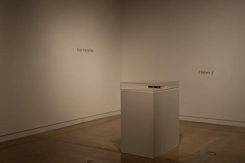 Wall vinyls, vitrine with Fausto (Spanish edition of Goethe's Faust) and letter to Fausto. 2011