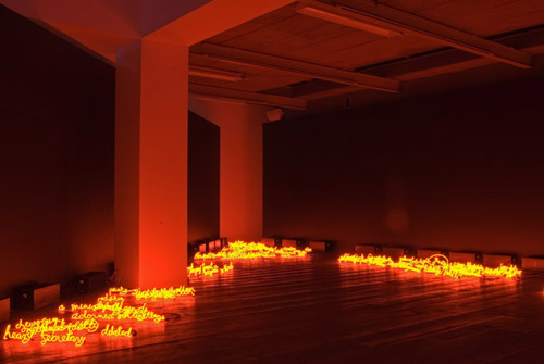 7mm Neon, transformers and wires, 2008. This installation was permanently altered in 2009 to reflect confiscations by the Dutch secret service, AIVD.