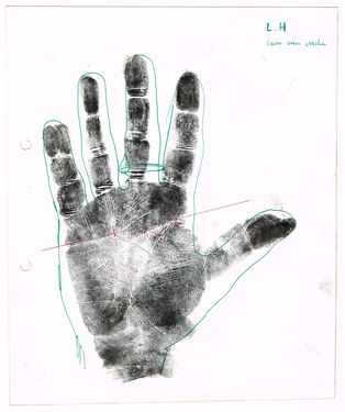 <p>Hand print for <em>Digitalsuite (for one finger &amp; six characters)</em>. Ink and paint on paper, 1972</p>
&#169;scan:Simon Delobel, Hugo Voeten Art Center, 2018