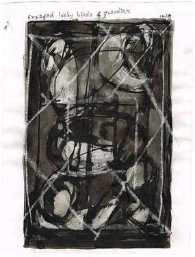 <p>The Bedwin Flux. Encaged lucky birds &amp; guardian. 1989.<br />
Published in: Simon Delobel, <em>Leon Van Essche |LVE| |LAURENS| |RUTH ZWART| |RAUL|. </em> Herentals Art Center Hugo Voeten, 2018, p.58 &nbsp;</p>
©scan: Wilfried Wynants