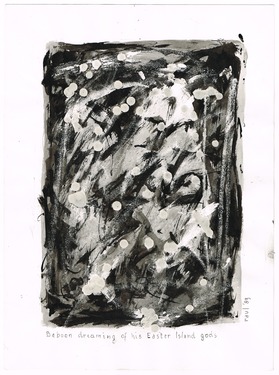 <p>The Bedwin Flux. Baboon dreaming of his Eastern Island gods. 1989</p>
©scan: Wilfried Wynants