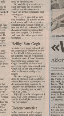 <p>Clippings about the activity of BIWA to canonize Vincen van Gogh and offer him a posthumus diploma from the academy at Antwerp</p>

<p>&nbsp;</p>
&#169;&#169;M HKA