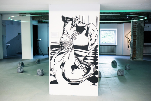 <p>Series of wall paintings, 220x150 cm each, approx. <a href="https://biennalewarszawa.pl/en/wystawa-artystow-zagranicznych-mieszkajacych-w-polsce/" target="_blank">Biennale Warszawa</a>, 2019.<br />
This group of images is a site-specific project for Biennale Warszawa. They have been extracted from the illustrations that David Maroto made for his research novel <i><a href="https://www.davidmaroto.info/The-Fantasy-of-the-Novel" target="_blank">The Fantasy of the Novel</a></i>. Each of them is accompanied by a framed excerpt from the novel, which contextualises the images in the common narrative they belong to. Spiralling movements, dance, and twisted banisters are the visual and narrative motifs that connect the three paintings.</p>
