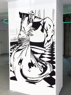 <p>Series of wall paintings, 220x150 cm each, approx. <a href="https://biennalewarszawa.pl/en/wystawa-artystow-zagranicznych-mieszkajacych-w-polsce/" target="_blank">Biennale Warszawa</a>, 2019.<br />
This group of images is a site-specific project for Biennale Warszawa. They have been extracted from the illustrations that David Maroto made for his research novel <i><a href="https://www.davidmaroto.info/The-Fantasy-of-the-Novel" target="_blank">The Fantasy of the Novel</a></i>. Each of them is accompanied by a framed excerpt from the novel, which contextualises the images in the common narrative they belong to. Spiralling movements, dance, and twisted banisters are the visual and narrative motifs that connect the three paintings.</p>
