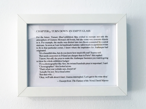 <p>Series of wall paintings, 220x150 cm each, approx. <a href="https://biennalewarszawa.pl/en/wystawa-artystow-zagranicznych-mieszkajacych-w-polsce/" target="_blank">Biennale Warszawa</a>, 2019.<br />
This group of images is a site-specific project for Biennale Warszawa. They have been extracted from the illustrations that David Maroto made for his research novel <i><a href="https://www.davidmaroto.info/The-Fantasy-of-the-Novel" target="_blank">The Fantasy of the Novel</a></i>. Each of them is accompanied by a framed excerpt from the novel, which contextualises the images in the common narrative they belong to. Spiralling movements, dance, and twisted banisters are the visual and narrative motifs that connect the three paintings.</p>
