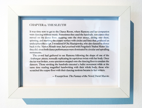 <p>Series of wall paintings, 220x150 cm each, approx. <a href="https://biennalewarszawa.pl/en/wystawa-artystow-zagranicznych-mieszkajacych-w-polsce/" target="_blank">Biennale Warszawa</a>, 2019.<br />
This group of images is a site-specific project for Biennale Warszawa. They have been extracted from the illustrations that David Maroto made for his research novel <i><a href="https://www.davidmaroto.info/The-Fantasy-of-the-Novel" target="_blank">The Fantasy of the Novel</a></i>. Each of them is accompanied by a framed excerpt from the novel, which contextualises the images in the common narrative they belong to. Spiralling movements, dance, and twisted banisters are the visual and narrative motifs that connect the three paintings.</p>
