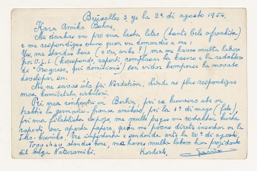 <p>Postcard sent by the Secretariat of the Union for the International language Ido, Brussels, c. 1954</p>