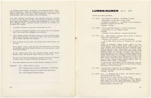 <p>Pagina 24-25: inleidende tekst (Franstalig, 4/4) en overzicht vorige Lumen Numen-nummers (Franstalig)</p>
