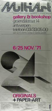<p>Multi-Art / Gallery &amp; Bookshop - Originals + Paper-Art, Works by Verheyen Jef, Van Hoeydonck Paul, Verstockt Mark, Szukalski Albert, Slothouber &amp; Graatma, Kirchberger G&uuml;nther, Ibou Paul, Fiszman Gilles, Dekkers Ad, Boezem, Bailleux Cesar, Overberghe Cel, Munari Bruno, Michaeledes Michael, Mestdagh Roberte, Leblanc Walter, Hilgemann, Heyvaert Pierre, Goepfert Herman, Gabri&euml;l Henri, Bonies Bob, Duchateau Hugo, De Vries Herman, Delahaut Jo, Design: Erik Claus, 06/11/1971&ndash;25/11/1971</p>
&#169;Multi - Art / Paul Ibou - Courtesy of Letterenhuis / Stad Antwerpen