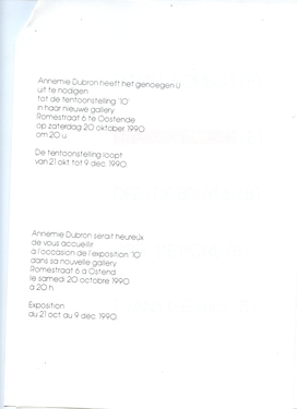 <p>Uitnodiging voor<em> &#39;10&#39;</em> (1990), Galerij Annemie Dubron - binnenzijde rechts</p>
&#169;&#169;Scan: CKV