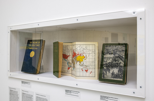 <p>Display case with the books on Eugenics published in North America (installation view, <em>MONOCULTURE – A Recent History, </em>  29 May – 13 September 2020, M HKA, Antwerp)</p>
© Photo: Wim Van Eesbeek
