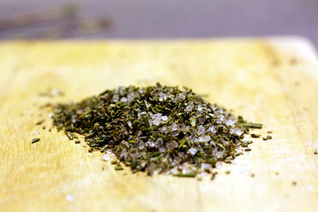 Rosemary, rock salt and pepper chopped.