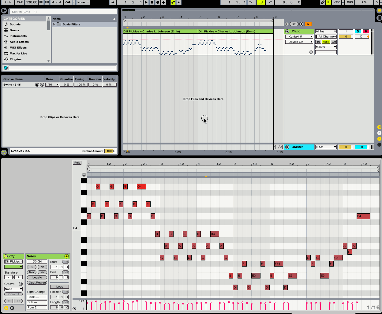 demo of adding the device, clicking a note on the piano roll without a bullet to highlight a non-diatonic note, and moving it