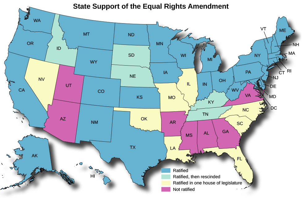 A map of the United States titled “State Support of the Equal Rights Amendment”. States marked as “Ratified” are Washington, Oregon, California, Alaska, Hawaii, Montana, Wyoming, Colorado, New Mexico, North Dakota, Kansas, Texas, Minnesota, Iowa, Wisconsin, Michigan, Indiana, Ohio, West Virginia, Maryland, Pennsylvania, Delaware, New Jersey, New York, Connecticut, Rhode Island, Massachusetts, New Hampshire, Maine, and Vermont. States marked as “Ratified, then rescinded” are Idaho, South Dakota, Nebraska, Kentucky, and Tennessee. States marked as “Ratified in one house of legislature” are Nevada, Oklahoma, Missouri, Illinois, Louisiana, Florida, South Carolina, and North Carolina. States marked as “Not ratified” are Utah, Arizona, Arkansas, Mississippi, Alabama, Georgia, and Virginia.