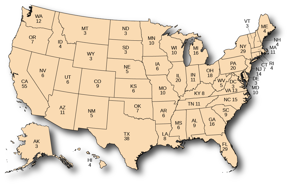 A map of the United States showing the number of Electoral College votes granted to each state. In alphabetical order, Alabama has 9, Alaska has 3, Arizona has 11, Arkansas has 6, California has 55, Colorado has 9, Connecticut has 7, Delaware has 3, Washington DC has 3, Florida has 29, Georgia has 16, Hawaii has 4, Idaho has 4, Illinois has 20, Indiana has 11, Iowa has 6, Kansas has 6, Kentucky has 8, Louisiana has 8, Maine has 4, Maryland has 10, Massachusetts has 11, Michigan has 16, Minnesota has 10, Mississippi has 6, Missouri has 10, Montana has 3, Nebraska has 5, Nevada has 6, New Hampshire has 4, New Jersey has 14, New Mexico has 5, New York has 29, North Carolina has 15, North Dakota has 3, Ohio has 18, Oklahoma has 7, Oregon has 7, Pennsylvania has 20, Rhode Island has 4, South Carolina has 9, South Dakota has 3, Tennessee has 11, Texas has 38, Utah has 6, Vermont has 3, Virginia has 13, Washington has 12, West Virginia has 5, Wisconsin has 10, and Wyoming has 3.