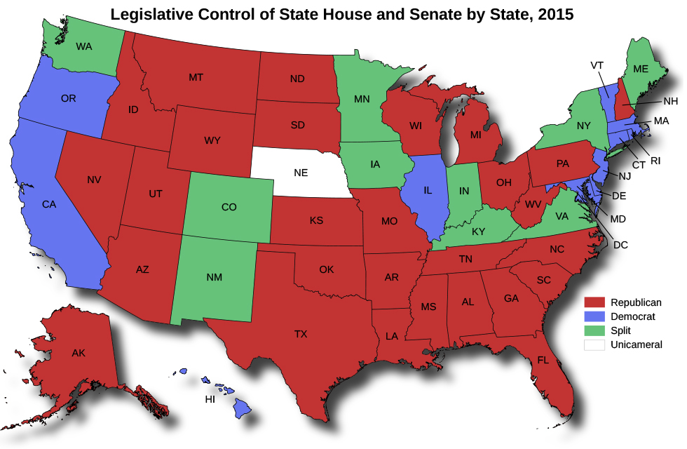 A map of the United States titled “Legislative Control of State House and Senate by State, 2015”. Nevada, Idaho, Montana, Wyoming, Utah, Arizona, Alaska, North Dakota, South Dakota, Kansas, Oklahoma, Texas, Missouri, Arkansas, Louisiana, Tennessee, Mississippi, Alabama, Florida, Georgia, South Carolina, North Carolina, Wisconsin, Michigan, Ohio, West Virginia, Pennsylvania, and New Hampshire are marked Republican. Oregon, California, Hawaii, Illinois, DC, Maryland, Delaware, New Jersey, Connecticut, Rhode Island, Massachusetts, and Vermont are marked Democrat. Washington, Colorado, New Mexico, Minnesota, Iowa, Indiana, Kentucky, Virginia, New York, and Maine are marked Split. Nebraska is marked Unicameral.