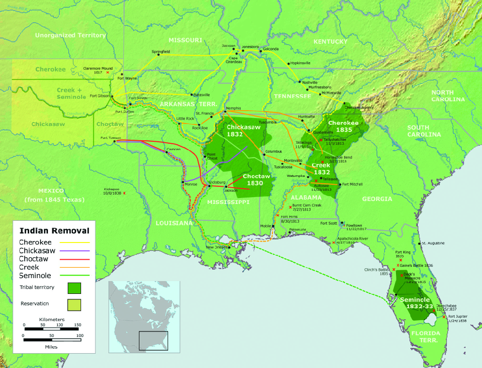 A map of the United States showing the southeast quarter of the country. On the map the paths of Indian Removal are shown. For “Cherokee” a path is drawn from a region labeled “Tribal territory Cherokee 1835” in the northwest corner of Georgia to a region labeled “Reservation” in “Unorganized Territory” to the west of Missouri. For “Chickasaw” a path is drawn from a region labeled “Tribal territory Chickasaw 1832” in the north half of Mississippi to a region labeled “Reservation” in “Unorganized Territory” to the west of Arkansas Territory. For “Choctaw” a path is drawn from a region labeled “Tribal territory Choctaw 1830” in the lower north half of Mississippi to a region labeled “Reservation” in “Unorganized Territory” to the west of Arkansas Territory. For “Creek” a path is drawn from a region labeled “Tribal territory Creek 1832” in the northeast of Alabama to a region labeled “Reservation” in “Unorganized Territory” to the west of Arkansas Territory. For “Seminole” a path is drawn from a region labeled “Tribal territory Seminole 1832-33” in the south of Florida Territory to a region labeled “Reservation” in “Unorganized Territory” to the west of Arkansas Territory.