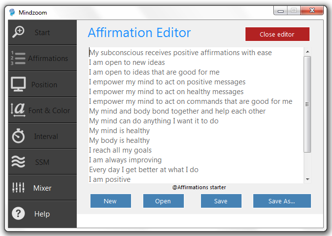 Affirmations editor