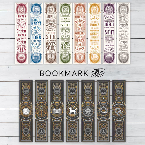 Set of 8 bookmarks featuring Charles Spurgeon, John Calvin, Martin Luther, Jonathan Edwards, John Bunyan, John Owen, JC Ryle, Saint Augustine.