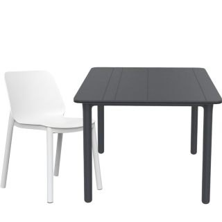Set 1 Mesa Noa Solid Gris Oscuro 90x90 + 4 Sillas One SB Blanco