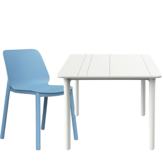 Set 1 Mesa Noa Solid Blanca 90x90 + 4 Sillas One SB Azul Retro