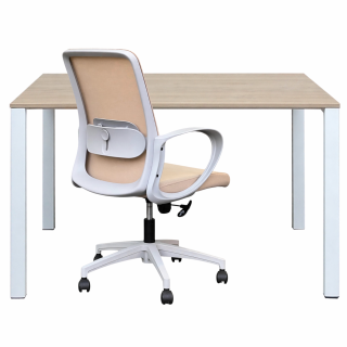 Set 1 Escritorio Krona Pequeño 90X50 Rovere/Blanco + 1 Silla Lacoste Beige Claro Estructura Gris