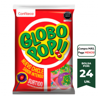 Chupete con chicle GLOBO POP Sabor Surtido Bolsa 24 und.