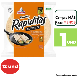 Tortillas RAPIDITAS INTEGRALES bolsa 12 und. Bolsa de 310g.