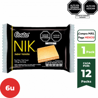 Wafer Nik COSTA Sabor Vainilla Bolsa 27g. Paquete 6 Un.