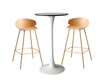 MESA DE BAR ROMA BLANCO + 2 SILLA DE BAR ALTO VENECIA NARANJA