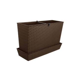 MACETA RECTANGULAR ESTILO RATAN 56X19X36.5 CM C/ PLATO - MARRON MORO