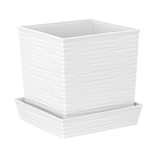 MACETA CUADRADA ESTILO PIEDRA 19X19X19 CM CON PLATO - BLANCO