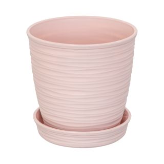MACETA REDONDA ESTILO PIEDRA Ø11X10 CM CON PLATO - ROSADO