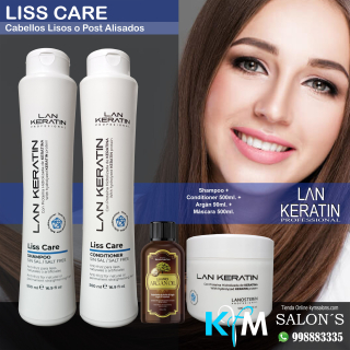 Kit 1 Shampoo 500ml. + 1 Conditioner 500ml. + 1 Árgán 90ml. + Máscara 500gr. Liss Care Lan Keratin CodLanLiss