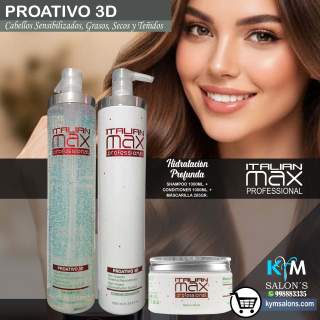 Shampoo 1000ml. + Conditioner 1000ml. + Máscara 285gr. PROATIVO 3D Italian Max Cabellos Sensibles y Grasos CodItaliM3d