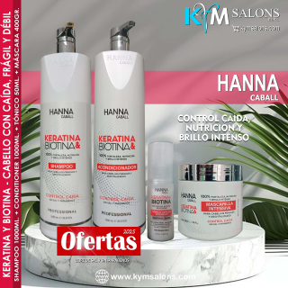 Combo Biotina & Keratina Shampoo 1000ml. + Conditioner 1000ml. + Máscara 400gr. + Loción 50ml. Hanna Caball CodHannbio